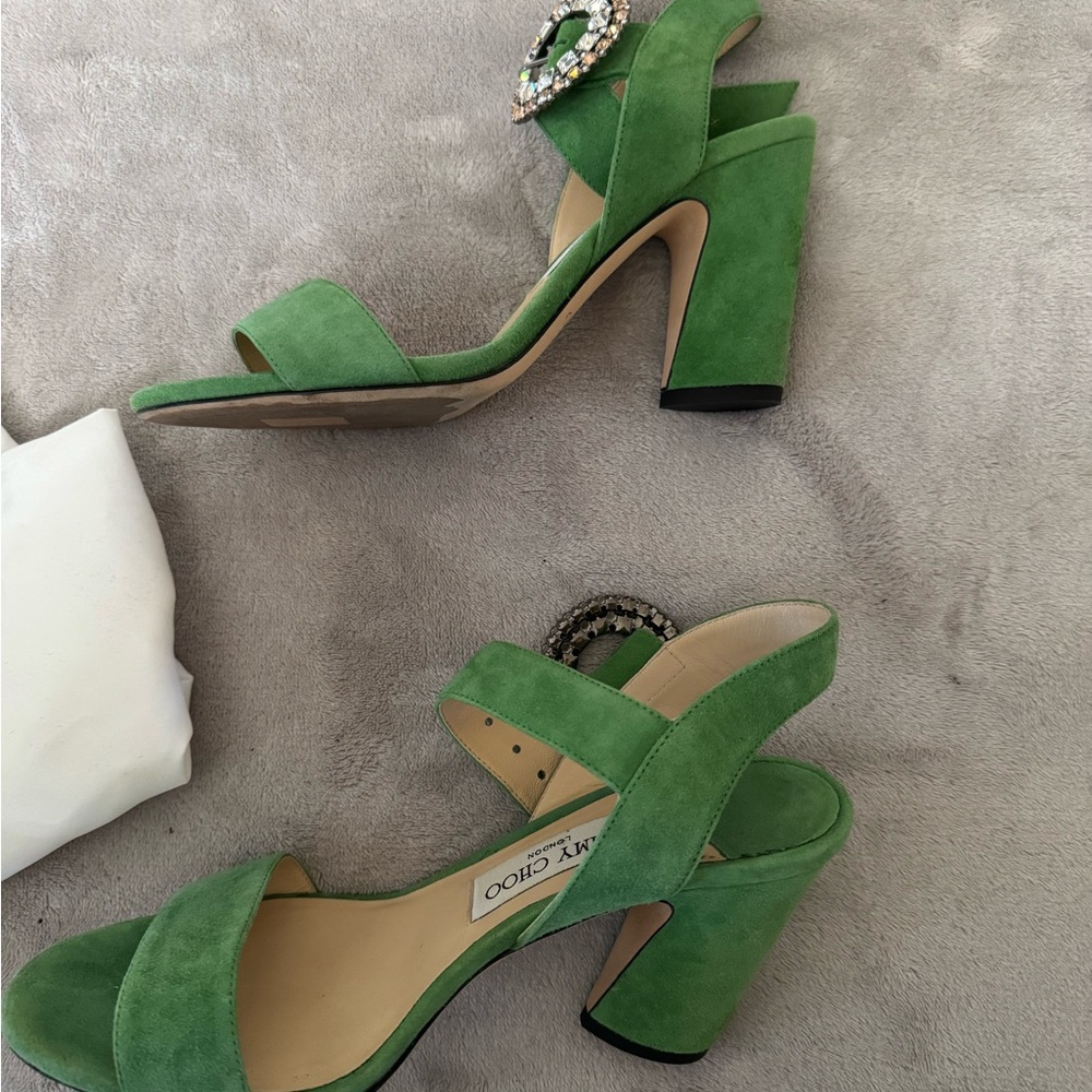Jimmy Choo Green Suede Sandals with Crystal Buckle - Picture 3 of 5